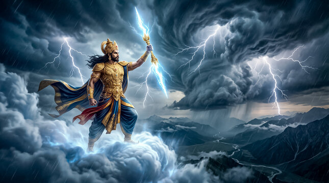 Powerful indian god indra holding a lightning bolt weapon amidst stormy dark clouds