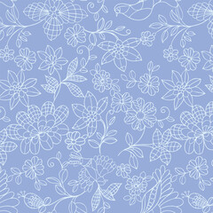 Fototapeta premium Flowers seamless pattern. White simple flowers in line technique on blue background. White single line flowers graphics on blue background. Decorative print for wallpaper, wrapping, pajama, linen, 