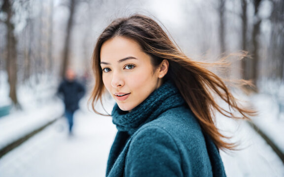 woman with long brown hair in a teal wool coat and scarf looks back in a snowy park during a cold winter day.