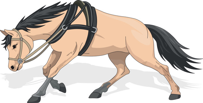 Draft Horse in Pulling Pose with Harness Cartoon Style Vector Illustration