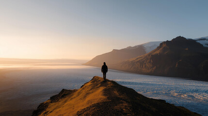 Fototapeta premium Silhouette of a person standing on a ridge overlooking a glacier at golden hour in Iceland, epic travel photography concept, with copy space