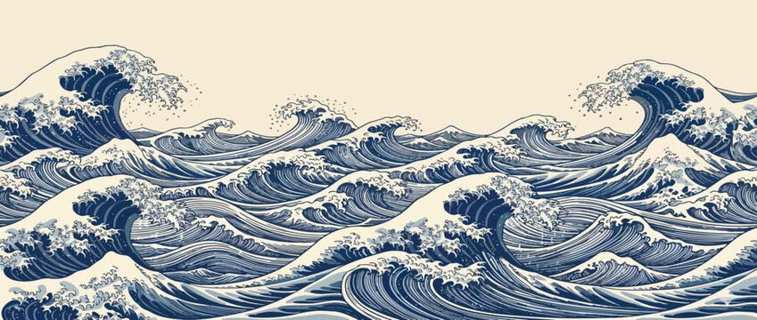Sea waves sketch pattern. Ocean surf wave hand drawn horizontal seamless pattern vector illustration