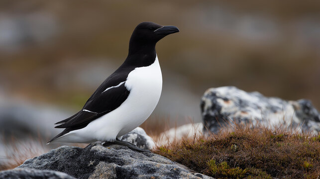 Little auk seabird in southern Spitsbergen, Arctic wildlife photography concept, polar travel and birdwatching, with copy space