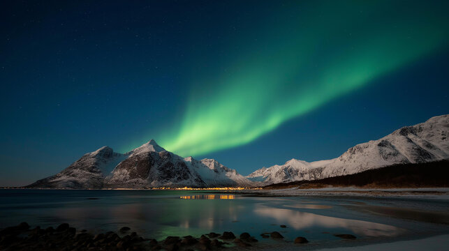 Aurora borealis over snowy mountains and a frozen sea coast with reflections in water at night, Lofoten Islands Norway, northern lights concept, with copy space