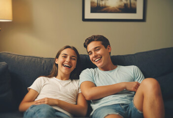 Fototapeta premium young friends laughing on couch, enjoying time together at home