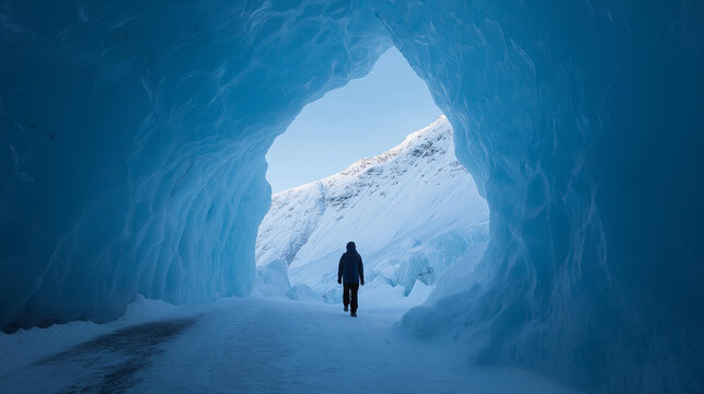 Interior of a Vatnaj&ouml;kull ice cave in Iceland with crystal clear ice thousands of years old, winter world travel concept, with copy space