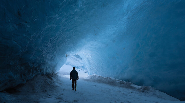 Interior of a Vatnaj&ouml;kull ice cave in Iceland with crystal clear ice thousands of years old, winter world travel concept, with copy space