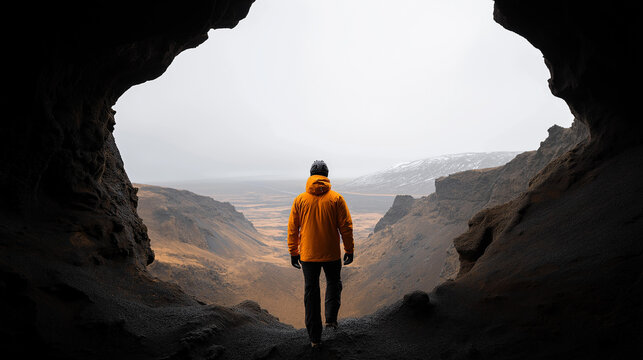 Man in crampons and a helmet exploring deep inside an Iceland lava tube, underground adventure concept, extreme travel photography, with copy space