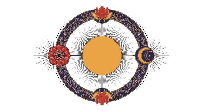 An intricate circular emblem featuring a central golden sun, surrounded by celestial symbols and floral motifs, set against a white background.