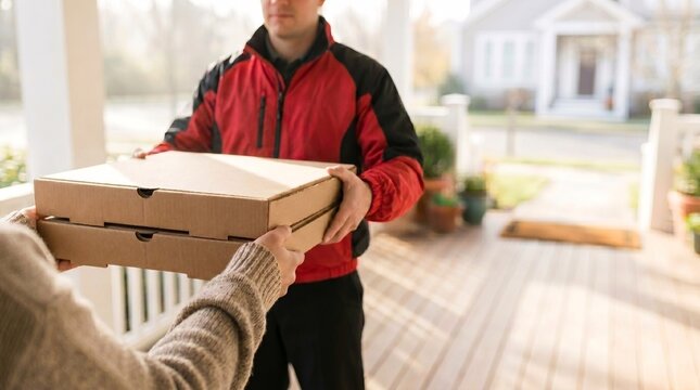 Focused delivery driver handing cardboard pizza boxes to customer on porch