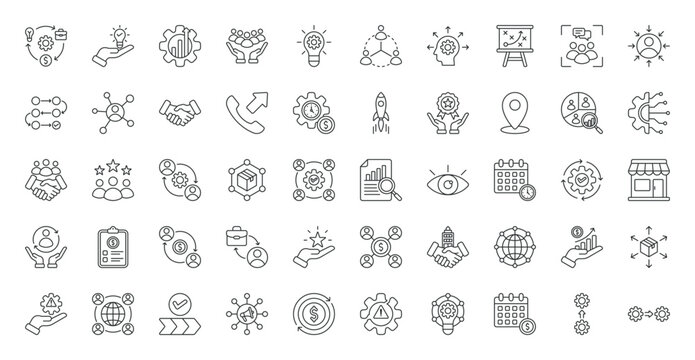 Business Model icon set. Solution, productivity, employee, innovation, third party, skill development, strategy, focus group, customer-centric, research and more. Outline vector icons collection