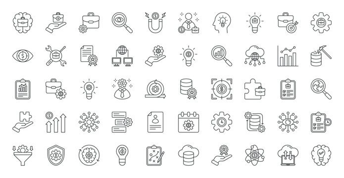 Business Intelligence icon set. Creative idea, business idea, target, business management, vision, technical support, standard, strategy, problem solving and more. Outline vector icons collection
