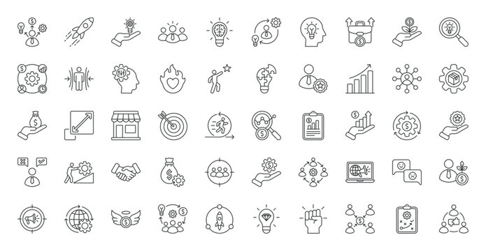 Entrepreneurship icon set. Innovation, leadership, creativity, initiative, visionary, business, agility, project management, opportunity, partnership and more. Outline vector icons collection