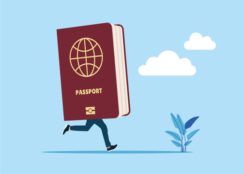 Funny funky guy biometric passport instead of body. Strong passport.  Flat vector illustration.