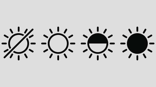 Screen brightness icon set. Display brightness control buttons collection. Camera contrast adjustment symbol. Saturation indicator illustration. Monitor bright level pictogram for web and apps.
