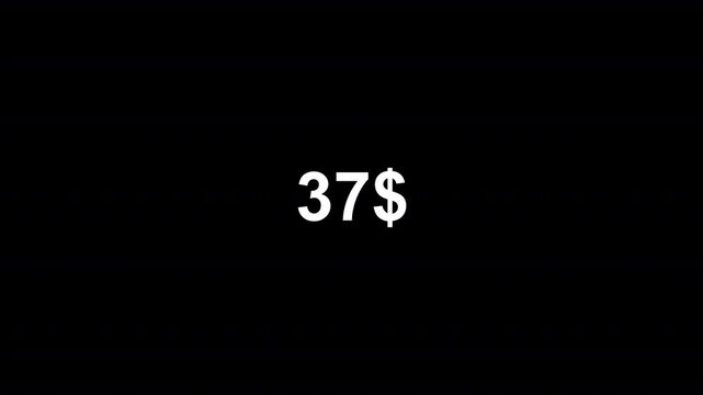 dollar counter animation from 0 to 40  on a black background. dollar calculating from zero to forty dollar counter animation