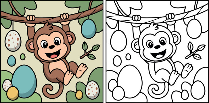 Cute Cartoon Monkey Swinging on Vine with Easter Eggs - Playful Jungle Animal Illustration