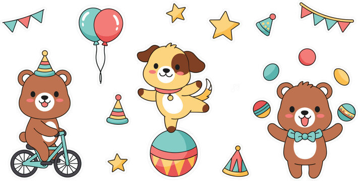 Cute Circus Animal Character Set with Bear, Dog, Balloon, and Juggling Elements for Kids, Carnival, and Party Design ProjectsCute Circus Animal Character Set with Bear, Dog, Balloon, and Juggling 
