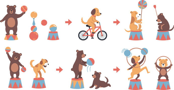 Cute Circus Animal Performance Set with Bear, Dog, and Lion Doing Tricks for Entertainment and Carnival Design ProjectsCute Circus Animal Performance Set with Bear, Dog, and Lion Doing
