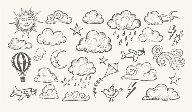 Dreamy Cloud and Sky Doodle Illustration with Stars and Paper Plane