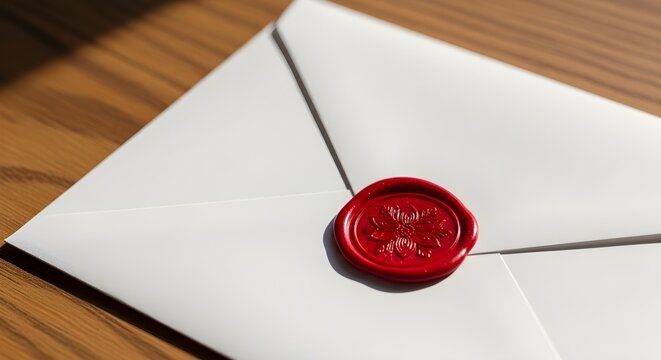 White envelope with red wax seal on wooden surface