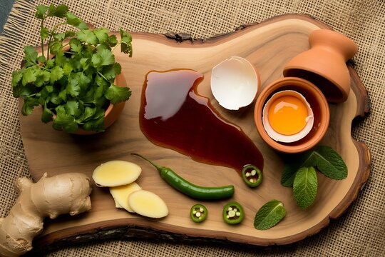 Ayurvedic ingredients displayed on a wooden board a holistic wellness and natural remedy composition