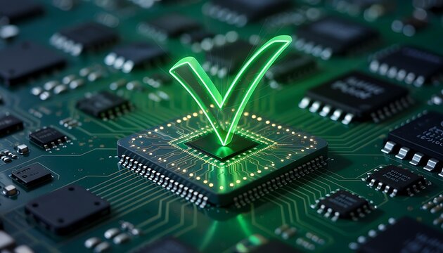 Digital security confirmation a glowing checkmark on a circuit board represents system validation and data integrity