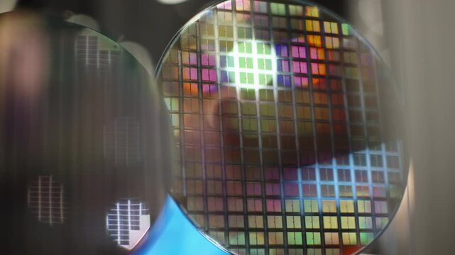 Macro close-up of semiconductor silicon wafers with grid-patterned microchip die arrays, showing colorful reflections and iridescent light during inspection in a fabrication lab