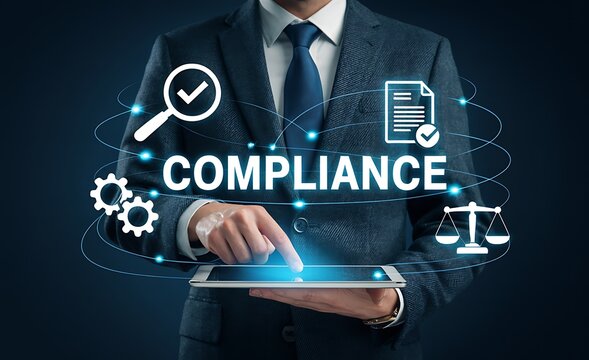 Compliance concept a businessman interacting with a digital tablet surrounded by relevant icons and data networks