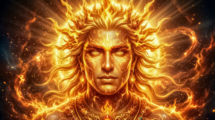 Fototapeta premium Majestic sun god character emanating brilliant golden flames and radiating divine energy intensity