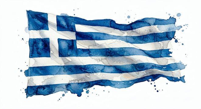 Greece flag waving in wind, watercolor national symbol isolated