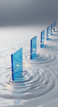 Glass, blue, rectangular prisms, water ripples, reflective surfaces