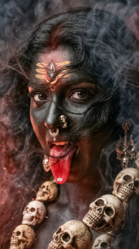 Powerful representation of Kali with her tongue out and skull garland