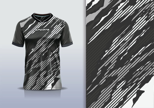 T-shirt mockup abstract stripe line grunge jersey design for football, soccer, racing, esports, running, in black white gray color