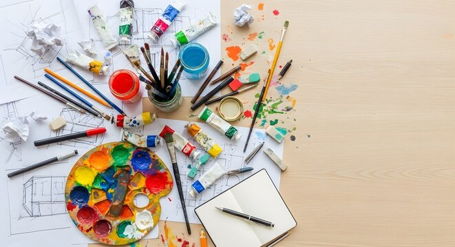 Artist's messy workspace with paint tubes, brushes, palette, sketches, and notebook