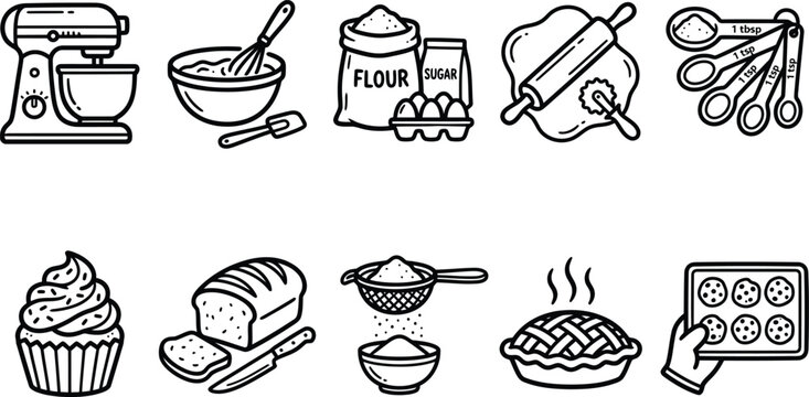 Set of baking tools and ingredients, outline style, on transparent background.