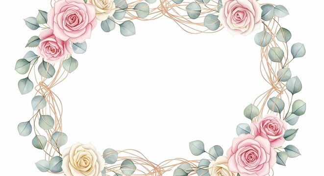 Wedding invitation card featuring floral border with roses and eucalyptus leaves