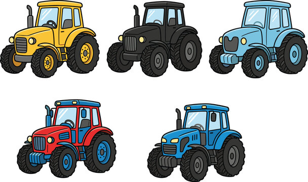 Cartoon illustration set of colorful tractors with large wheels and cabins for farming and educational concepts