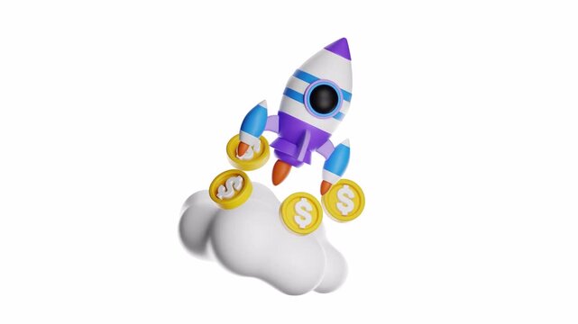 3d looping ui icon rocket launching among gold coins suitable for finance, investment, cryptocurrency, and success concepts in business presentations, marketing materials, and websites.