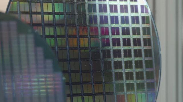 Close-up view of patterned silicon semiconductor wafers with reflective iridescent grids of microchip dies, highlighting precision fabrication in advanced microelectronics.