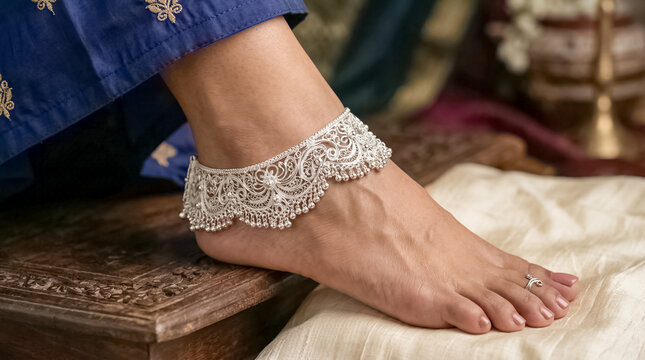 Elegant silver anklet worn by a woman dressed in traditional Indian attire