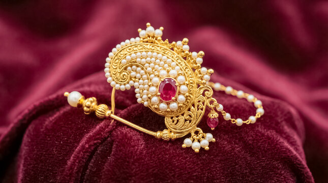Exquisite gold nath adorned with pearls and a central ruby rests on velvet