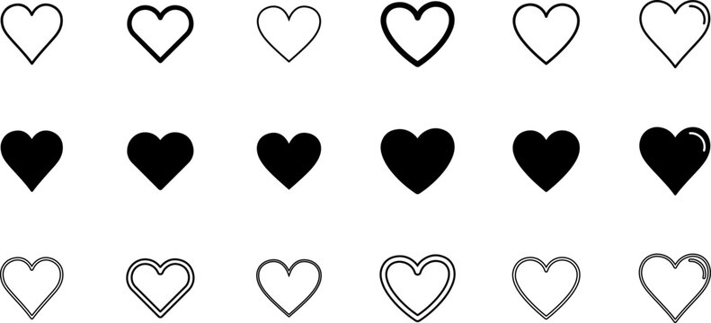Collection of heart icons in various styles and designs for love and affection concepts