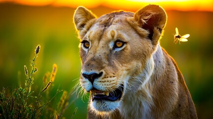 Fototapeta premium Majestic lioness portrait at sunset a golden gaze into the african wilderness symbolizing strength and grace
