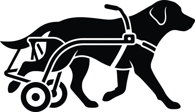 Dog in walking cart silhouette, disabled pet mobility vector, animal rehabilitation icon, handicapped dog on wheels illustration isolated on white background