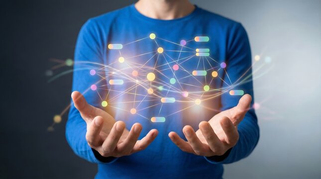 Man holding cognition graph network hologram for enterprise data database mapping information visualization integration and advanced business technology solution concept