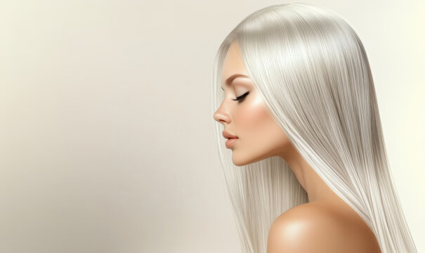 Profile view of a model showcasing long, straight platinum hair against a soft background