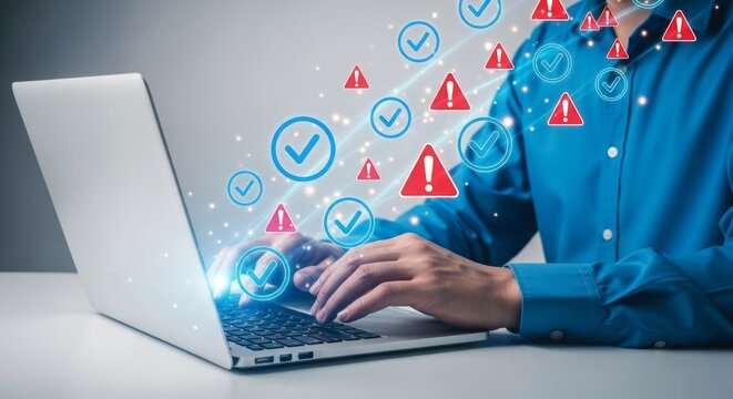 Man hand typing on laptop computer keyboard with floating red warning triangle alert and blue checkmark icon for cyber security system error detection troubleshooting and data risk management concept