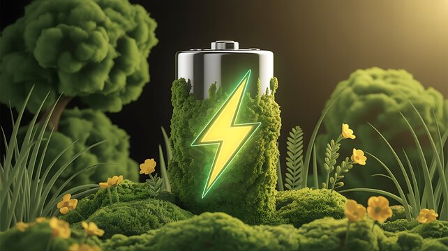 Sustainable energy concept a battery integrated with lush green foliage and a vibrant lightning bolt