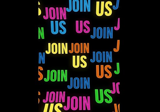 Join Us - Colorful Text on Black Background.